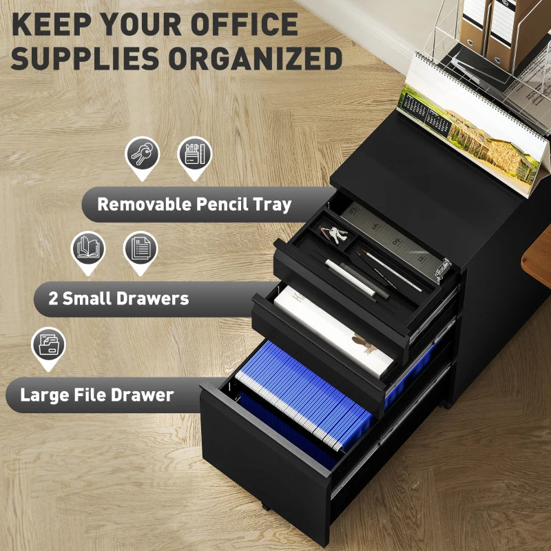 Vinsetto Black 3-Drawer Steel Filing Cabinet with Lock & Wheels - Secure Storage Solution for Home & Office