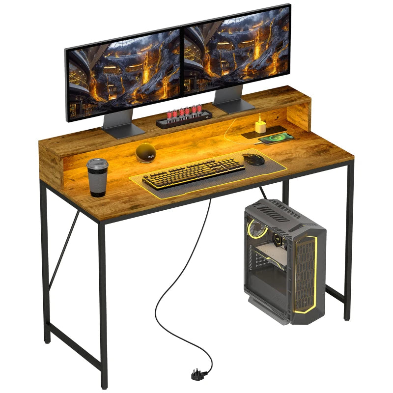 120cm Rustic Brown Computer Desk with LED Lights & Power Outlets, Gaming Table with Monitor Stand & Remote for Home Office