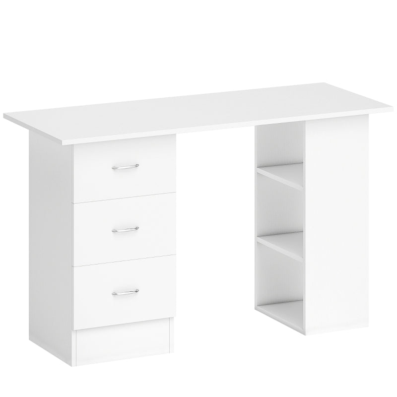 Modern White Computer Desk with 3 Storage Shelves & Drawers, Stylish Writing Table for Home Office, Silver Handle