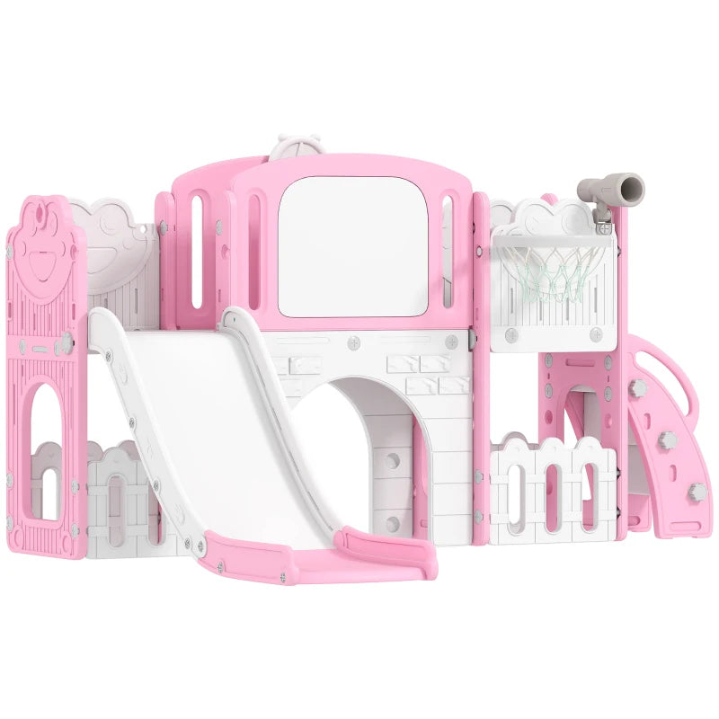 7 in 1 Toddler Slide Set with Basketball Hoop Climbing Frame Telescope Drawing Board Storage Box Pink