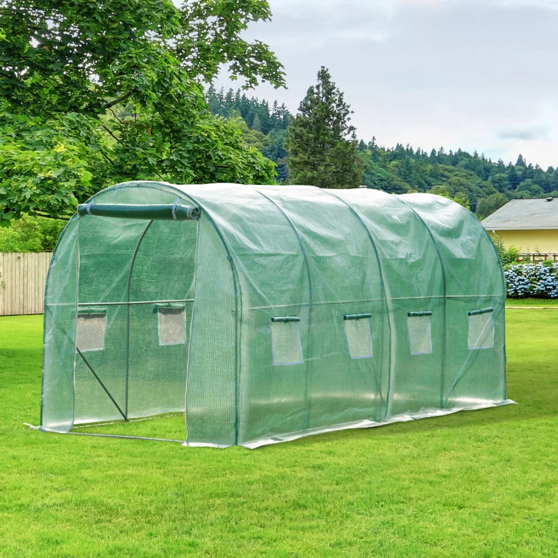 Green Walk-in Garden Tunnel Greenhouse, 4x2M, Roll-Up Door, 8 Windows