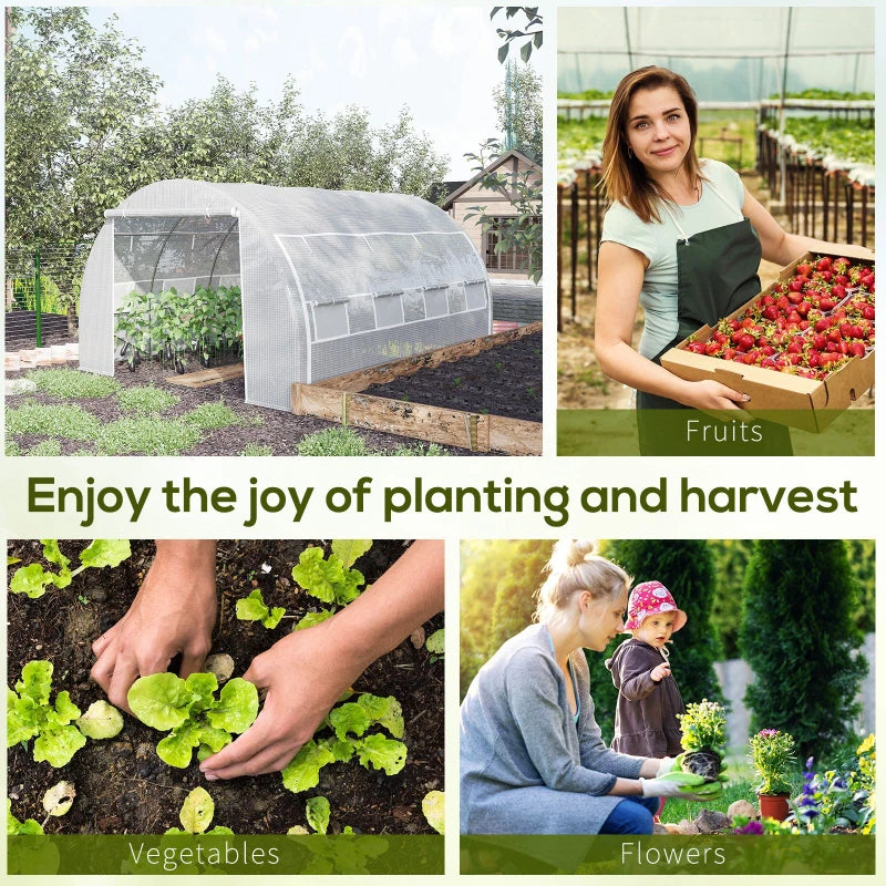 Green Walk-in Polytunnel Greenhouse with Roll-up Side Walls, Steel Frame, Zipped Door - White