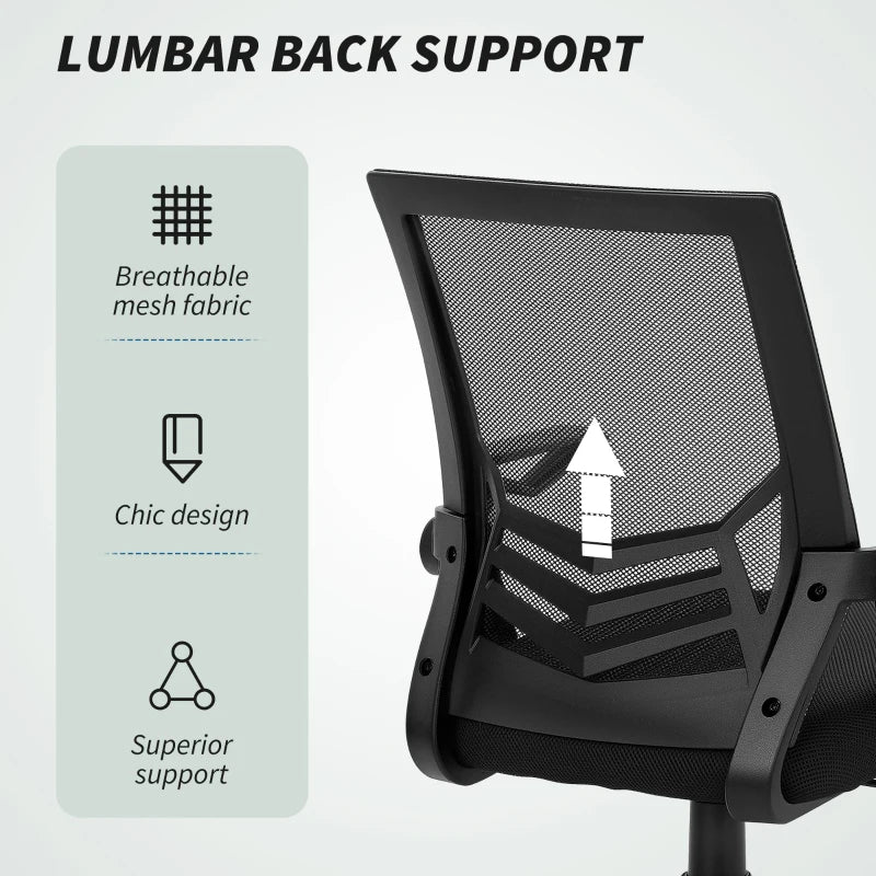 Vinsetto Ergonomic Mesh Office Chair with Flip-up Armrests, Lumbar Support & Swivel Wheels - Black Computer Desk Chair