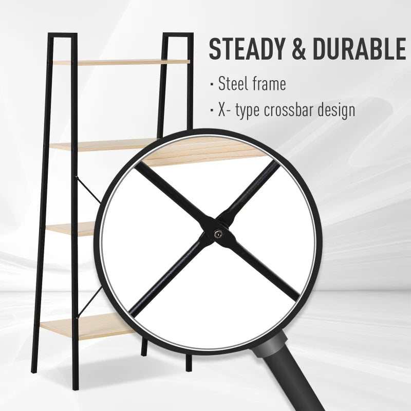 4-Tier Industrial Ladder Shelf - Stylish Oak & Black Bookshelf for Living Room, Bedroom, Kitchen Storage