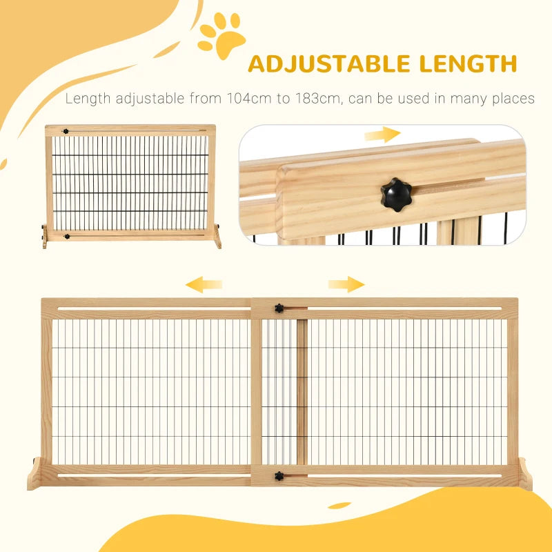 Freestanding Dog Gate - Foldable Indoor Pet Fence, Wooden Barrier for Doorways & Hallways, Adjustable 69H x 104-183 cm