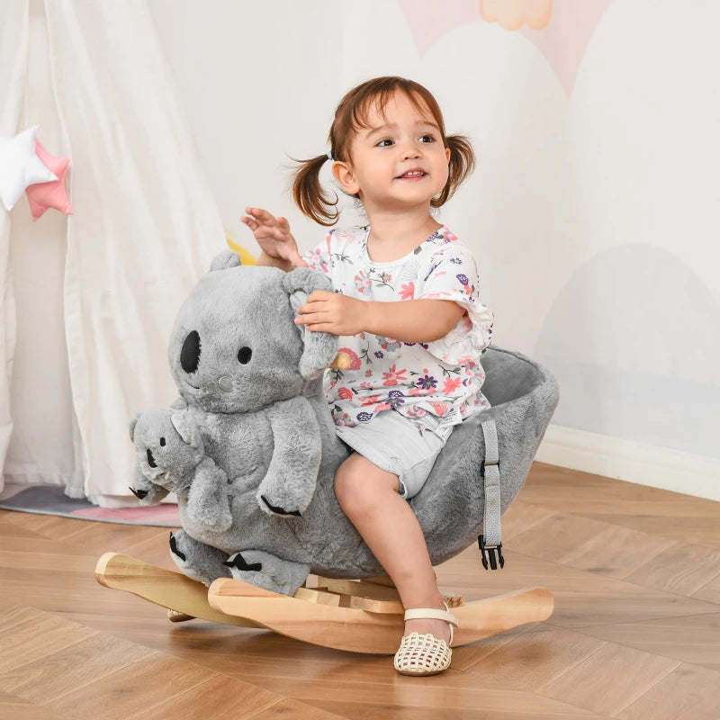 Kids Toddler Plush Rocking Horse Koala Ride-On with Wooden Base & Safety Belt - Soft Doll Toy for 18-36 Months Grey