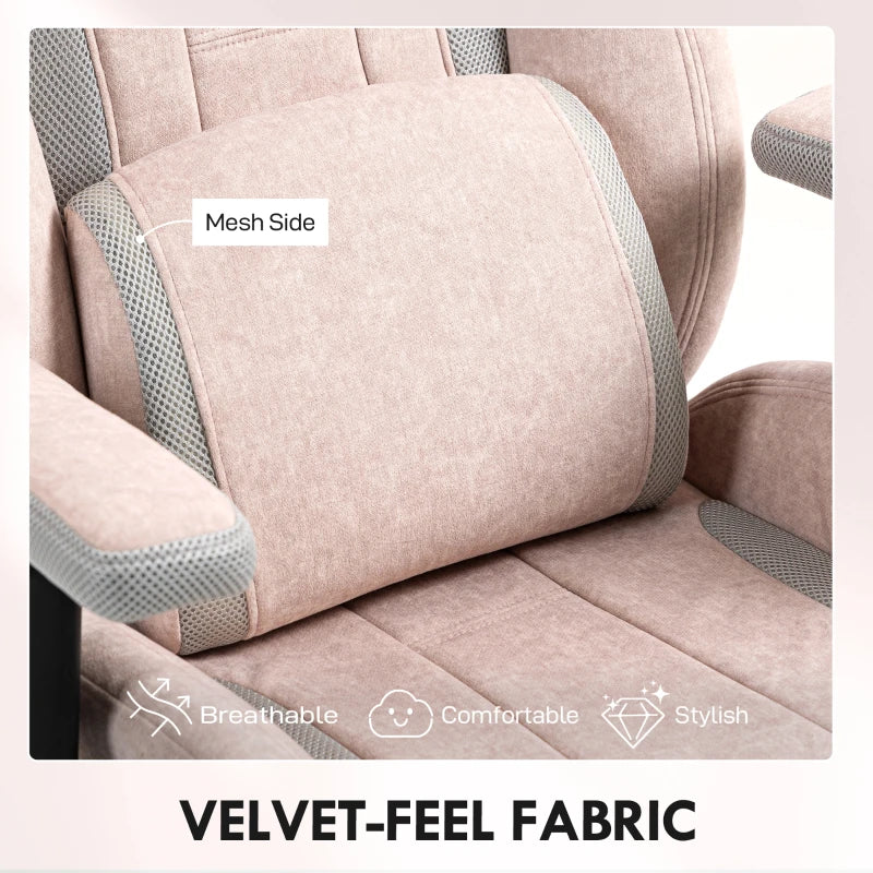 Ergonomic Pale Pink Fabric Gaming Chair with Lumbar Support & Headrest - Perfect for Comfort & Style in Gaming