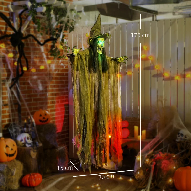 170 cm Life Size Animated Witch with Glowing LED Eyes - Spooky Halloween Decoration, Battery Operated Indoor Party Prop