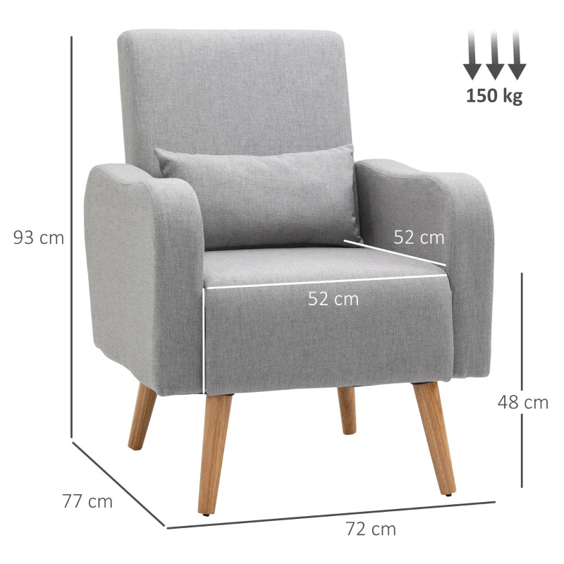 Linen-Touch Accent Chair with Pillow - Upholstered Lounge Sofa for Living Room, Grey Club Chair with Wooden Frame