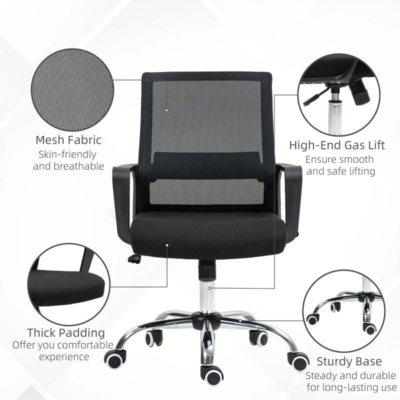 Vinsetto Ergonomic Mesh Back Office Chair with Wheels - Stylish Black Design for Comfort and Support in Home or Office