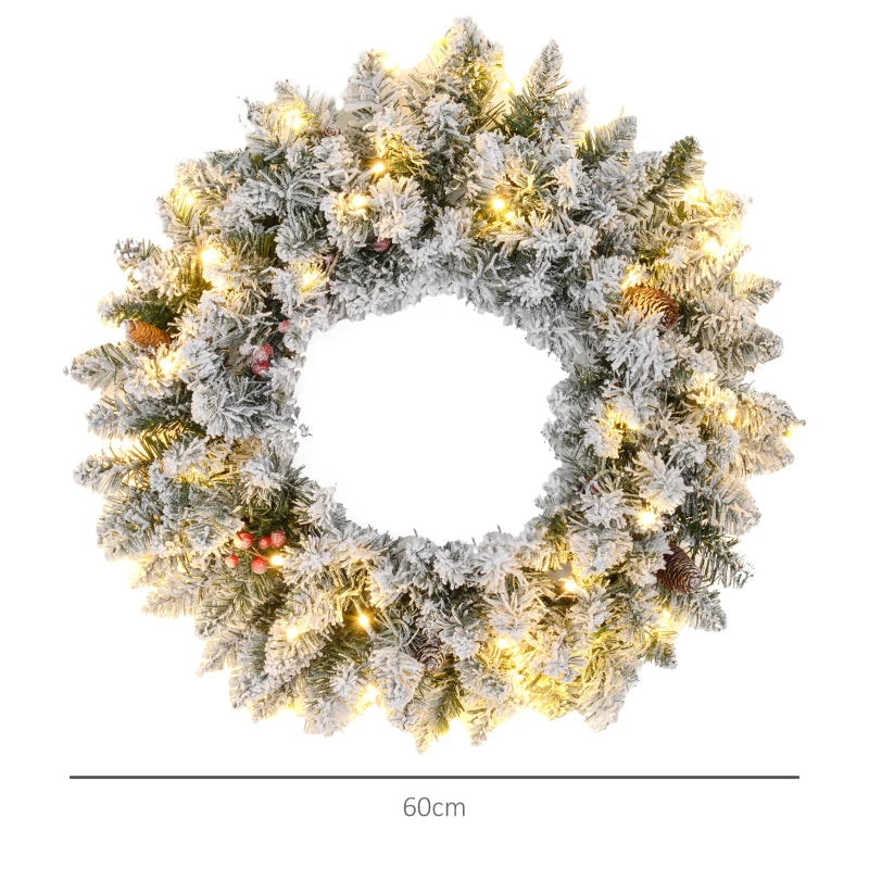60" Snowy Pine Cone & Berry Christmas Wreath with LED Lights - Festive Holiday Decor for Home & Office