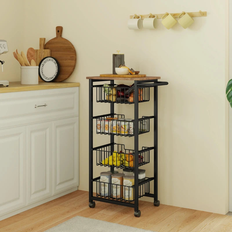 Stylish Four Basket Mobile Kitchen Island with Brakes - Oak and Black Finish for Easy Mobility and Storage