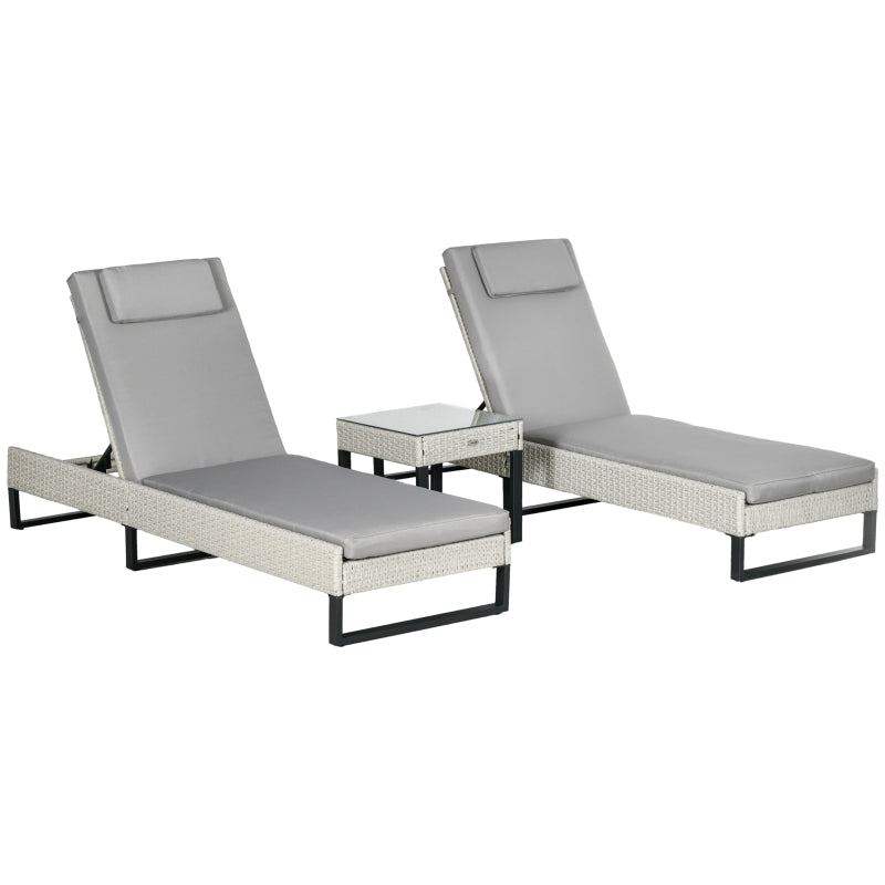 3-Piece Rattan Sun Lounger Set - Adjustable Recliner, Chaise Lounge Chair, Coffee Table - Light Grey