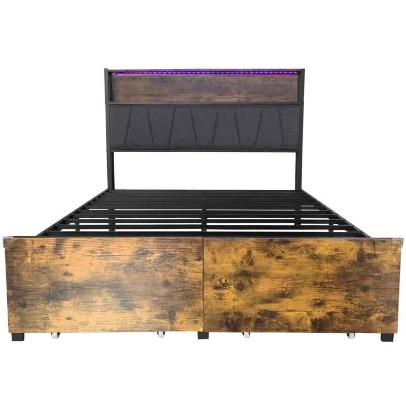 Stylish Black & Dark Walnut Double Bed Frame with Storage Drawers, RGB LED Headboard & Charging Station - 205L x 136W x 116H cm