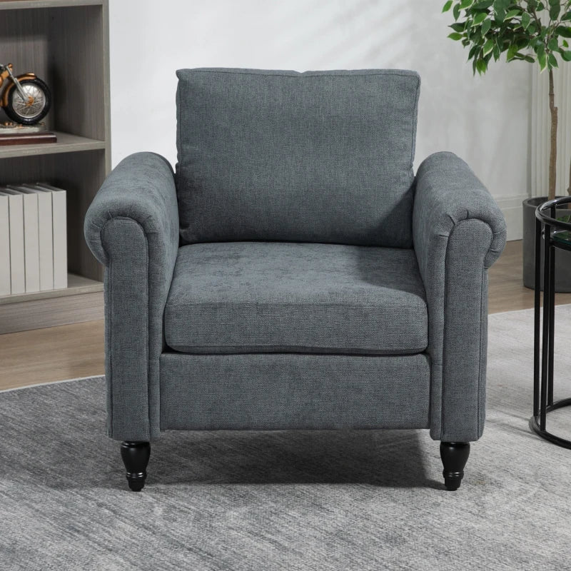 Vintage Upholstered Accent Chair with Back Pillow and Rolled Arms, Grey Fabric, Rubber Wood Legs