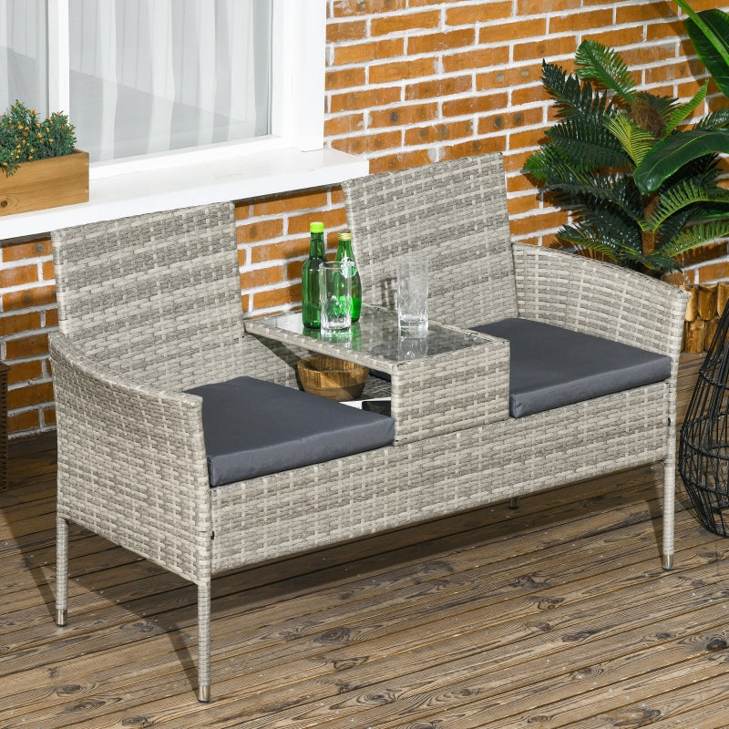 Light Grey Rattan Two-Seat Chair with Middle Table