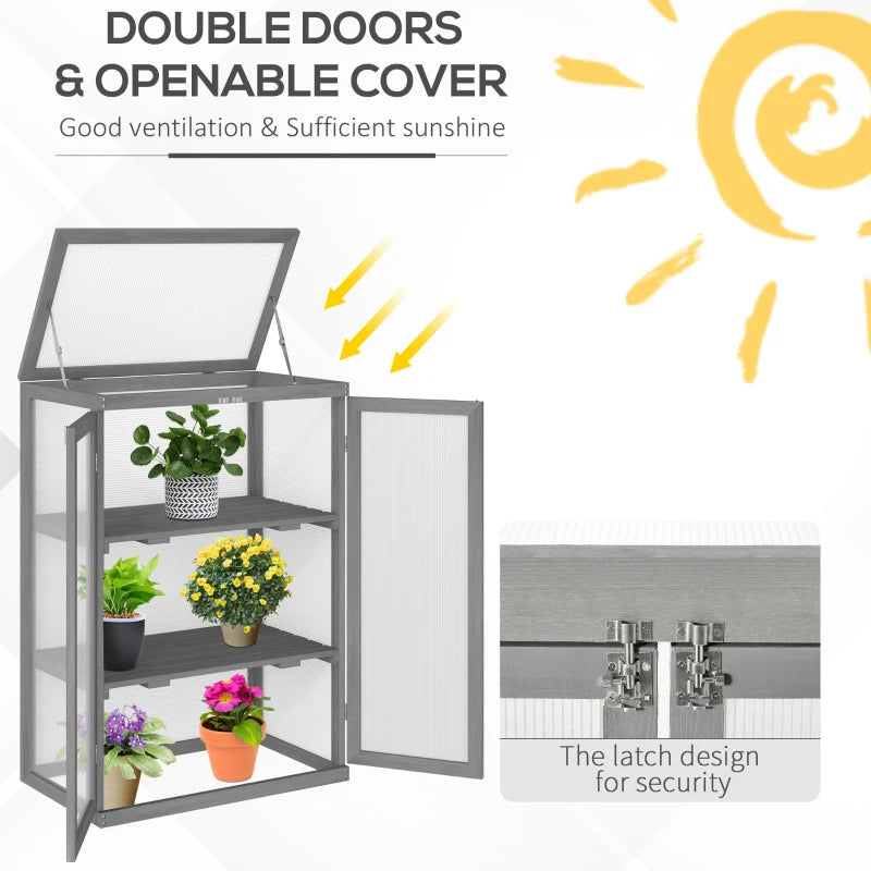 Dark Grey 3-Tier Wooden Greenhouse with Double Doors and Storage Shelf