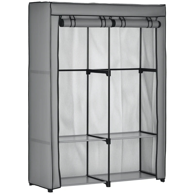 Light Grey Steel Frame Fabric Wardrobe with Rail and Shelves for Organized Storage