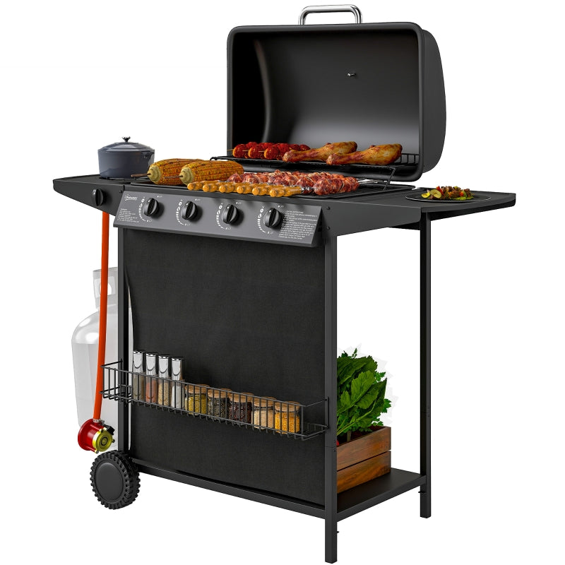 4+1 Burner Portable Gas BBQ Grill with Thermometer, Side Table, Wheels for Outdoor Cooking