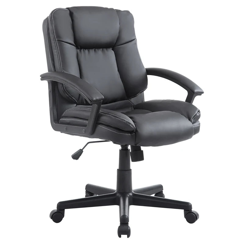 Ergonomic PU Leather Office Chair - Adjustable Mid Back Executive Desk Chair with Swivel Wheels for Home & Study, Black