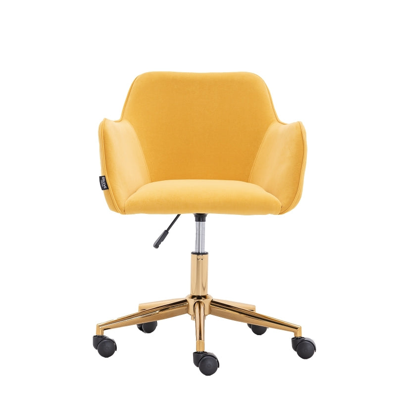 Ergonomic Yellow Velvet Swivel Office Chair with Gold Legs and Adjustable Height, 58x58x86 cm