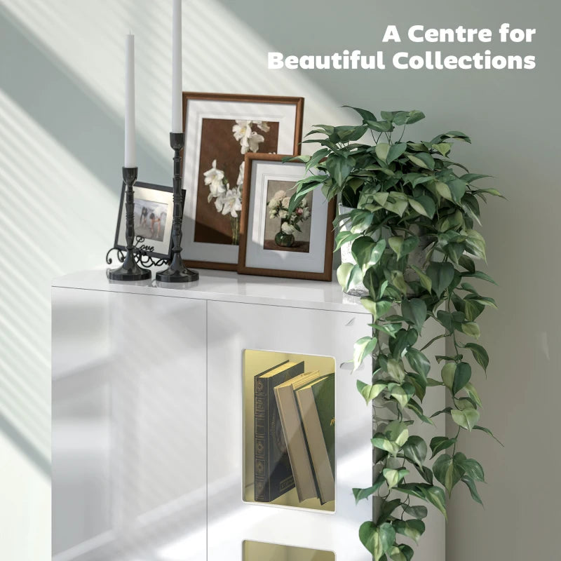 High Gloss White Sideboard with RGB LED Lights - Modern Display Cabinet with Glass Doors & Shelves for Living Room & Dining Room