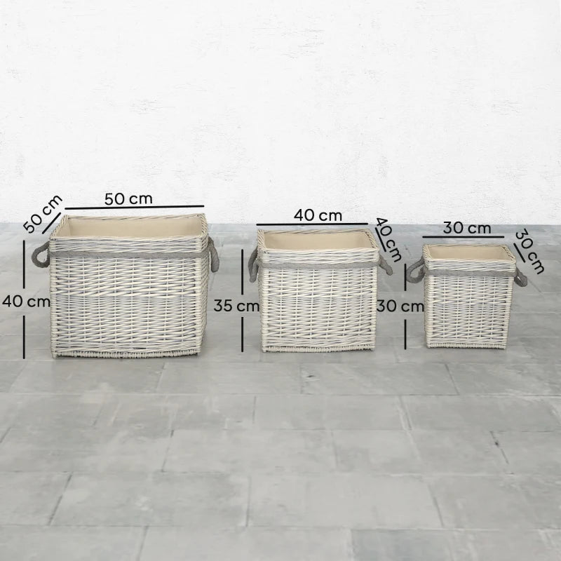 Set of 3 Beige Round Log Baskets with Lining & Rope Handles - Ideal for Wood Burner, Fireside Storage & Blankets