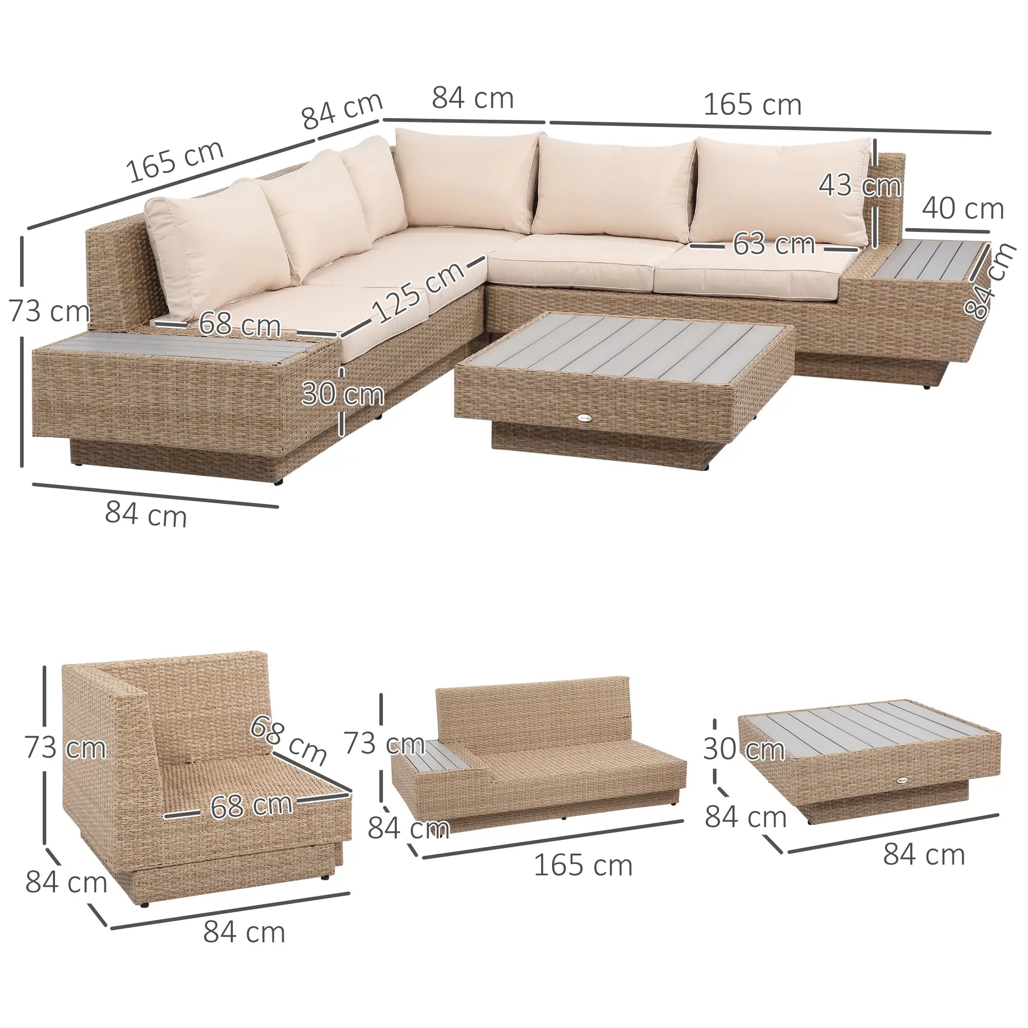 Beige 5 Seater Rattan Corner Sofa and Coffee Table Set