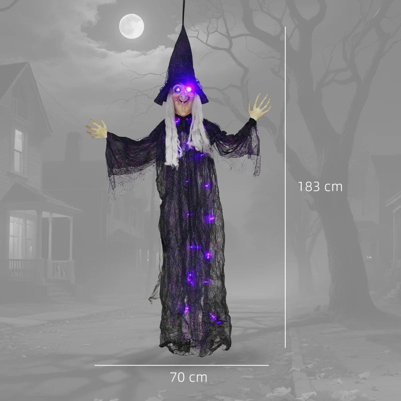 183 cm Life Size Animated Hanging Witch with Glowing LED Eyes - Spooky Halloween Decoration, Battery Operated Indoor Party Prop