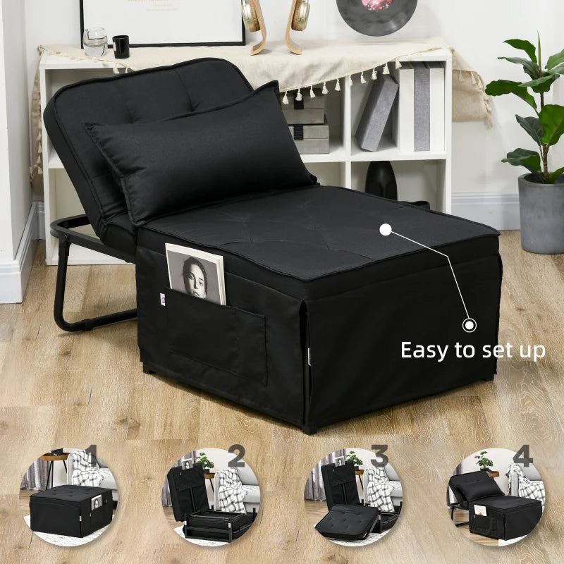 Folding Fabric Sleeper Chair Bed with Adjustable Backrest and Side Pockets for Living Room, Black