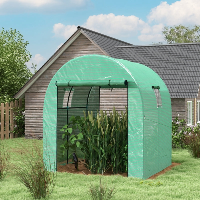 Green Walk-in Polytunnel Greenhouse with UV-Resistant Cover, Doors, and Windows, 1.8 x 1.8 x 2m