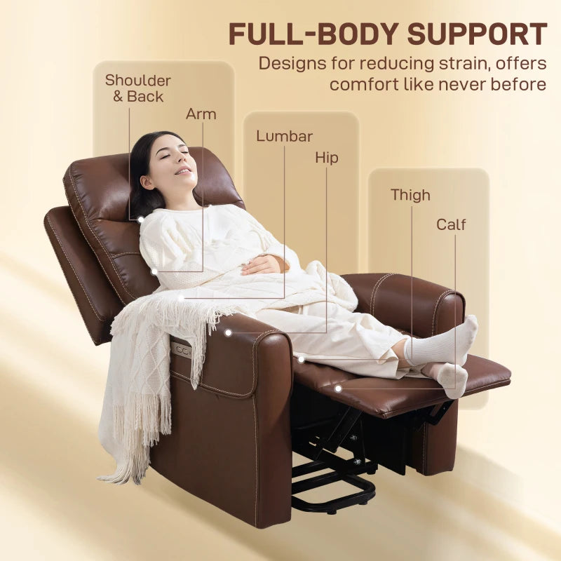 Overstuffed Faux Leather Power Lift Recliner Chair for Elderly with USB Ports and Remote Control, Brown
