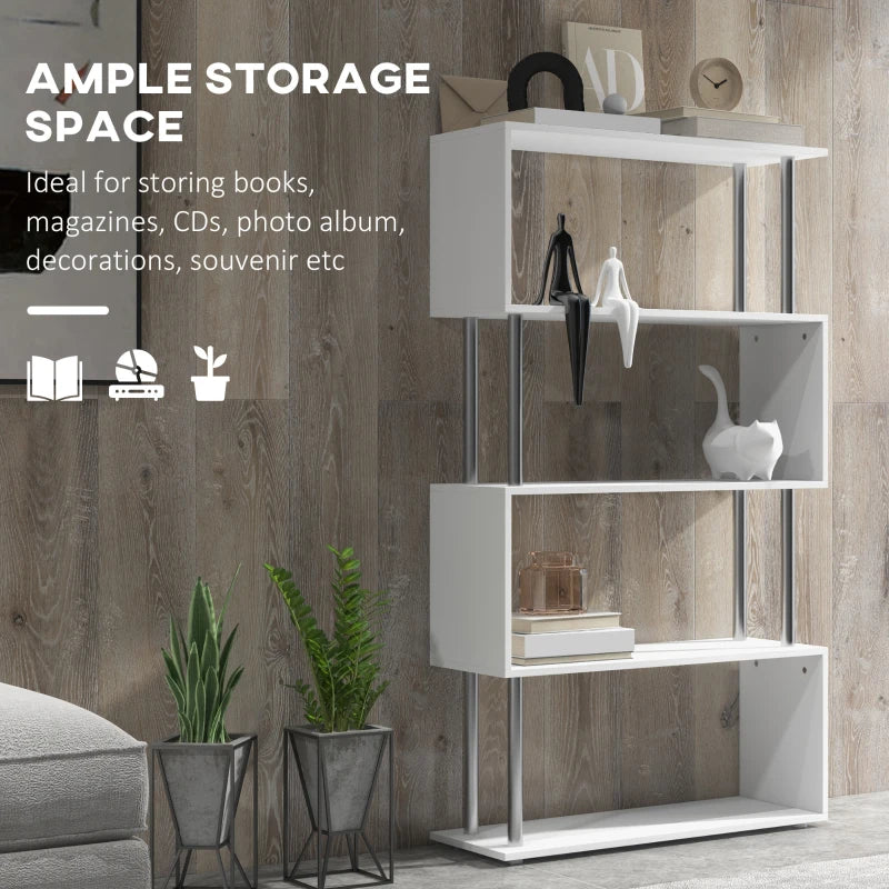 Modern S Shape 5-Tier Bookcase - Freestanding White Bookshelf for Home Office, Study & Living Room, 80x30x145cm