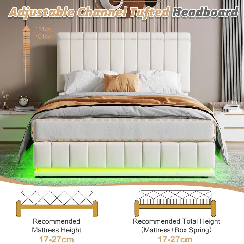 5ft Upholstered King Bed with Hydraulic Storage & RGB LED Lighting - Adjustable Headboard, Cream White, 203L x 157W x 111H cm