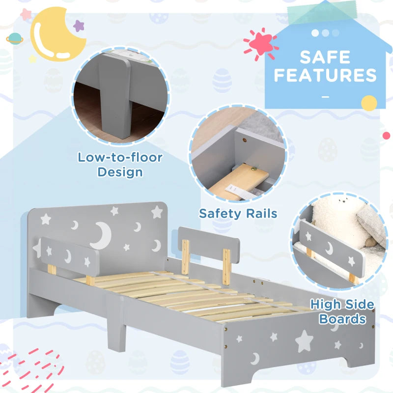 Kids Toddler Bed with Star and Moon Patterns and Side Rails for Ages 3 to 6 Years Grey
