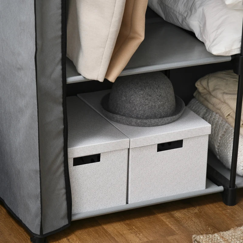 Light Grey Steel Frame Fabric Wardrobe with Rail and Shelves for Organized Storage