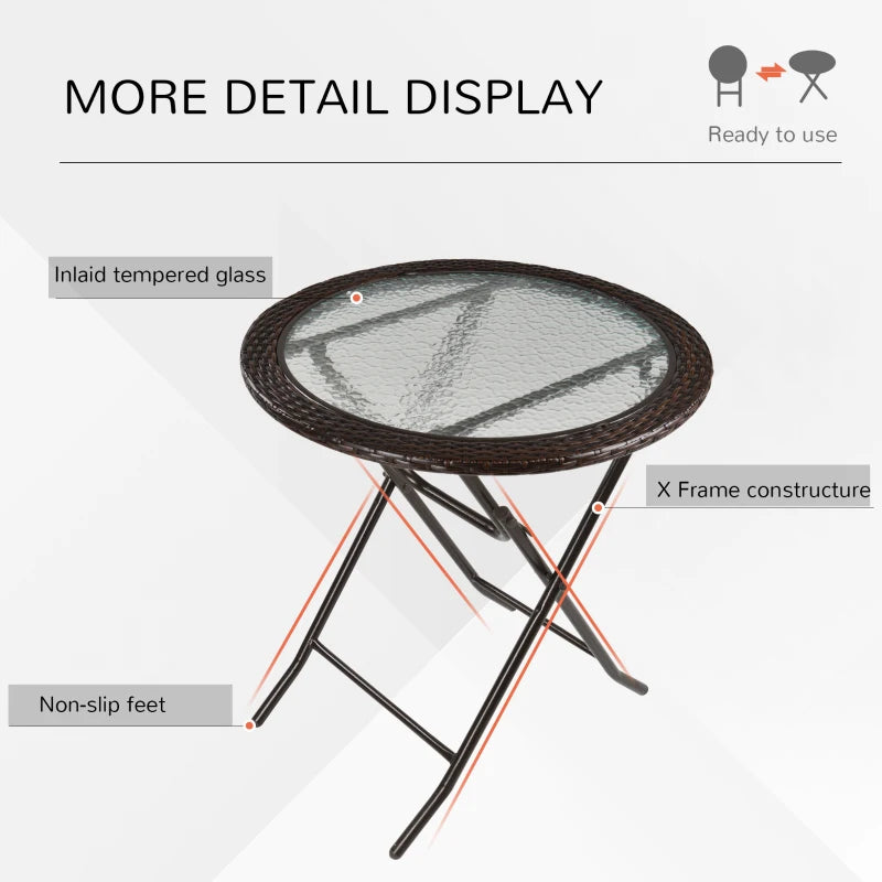 Brown Rattan Edged Round Glass Metal Folding Table