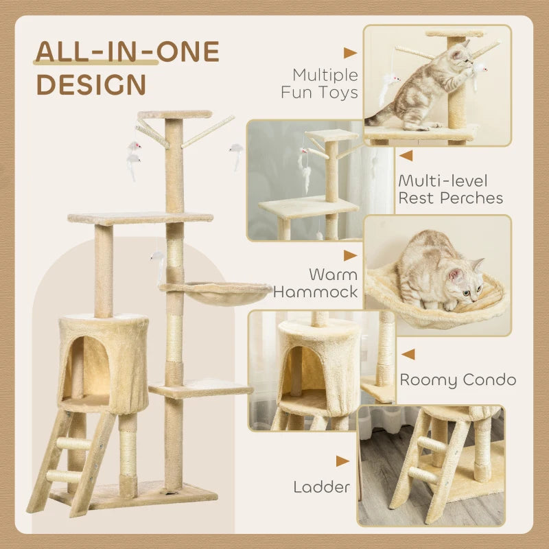 Beige Multi-Level Cat Tree with Scratching Post, Ladder & Cozy Cat House - Perfect for Play & Relaxation