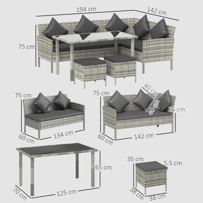 6-Seater Rattan Outdoor Dining Set w/ Cushion Garden Furniture, Dark Grey