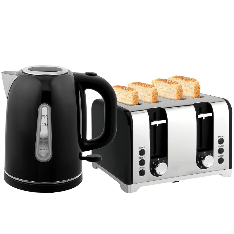 Premium Black Kettle and Toaster Set - 1.7L Rapid Boil Jug Kettle with Strix Thermostat & 4-Slice Toaster with 7 Browning Levels