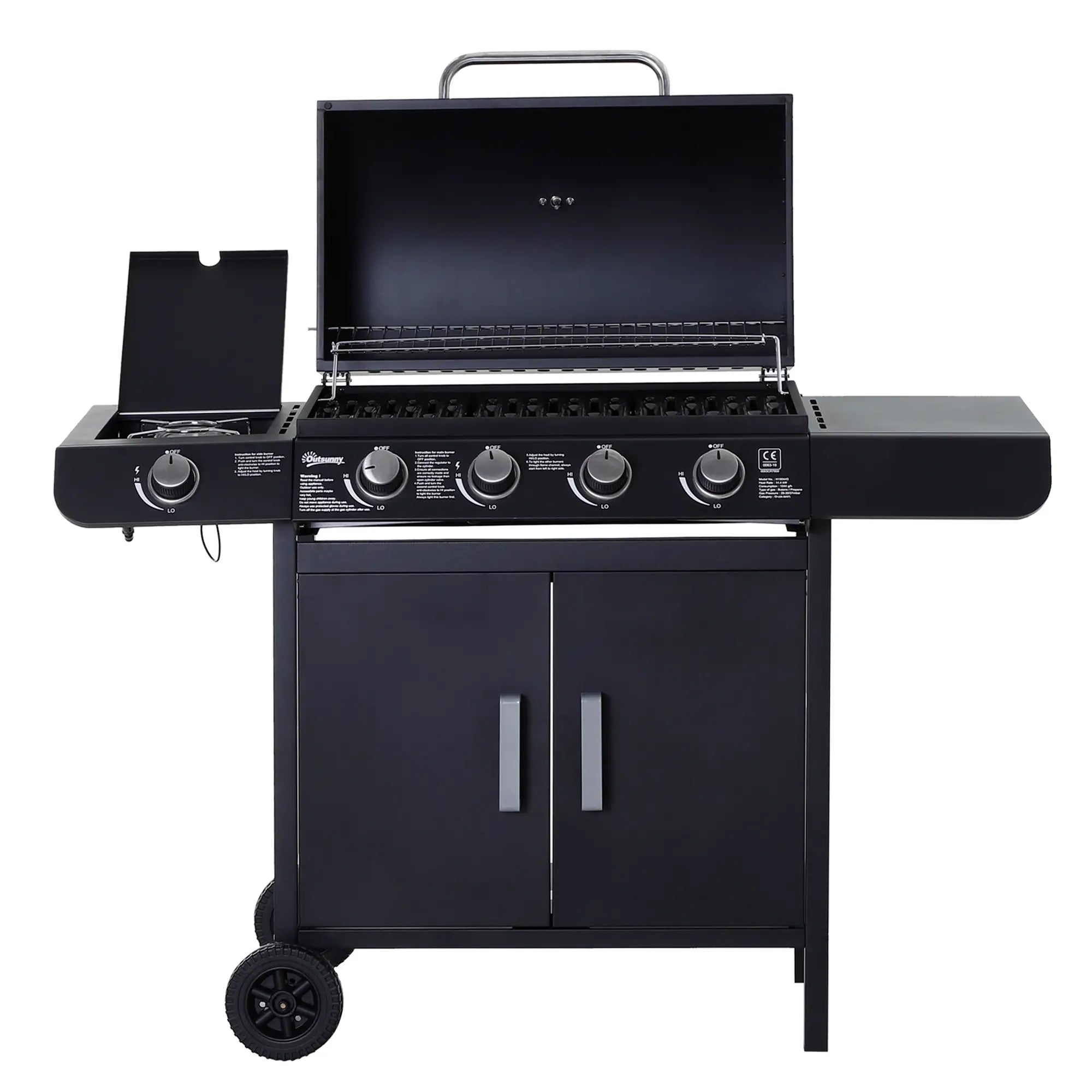 5-Burner 4+1 Black Gas BBQ Grill with Smoker and Side Table - Outdoor Barbecue Trolley with Wheels, Warming Rack, Side Shelves, Cabinet, Thermometer