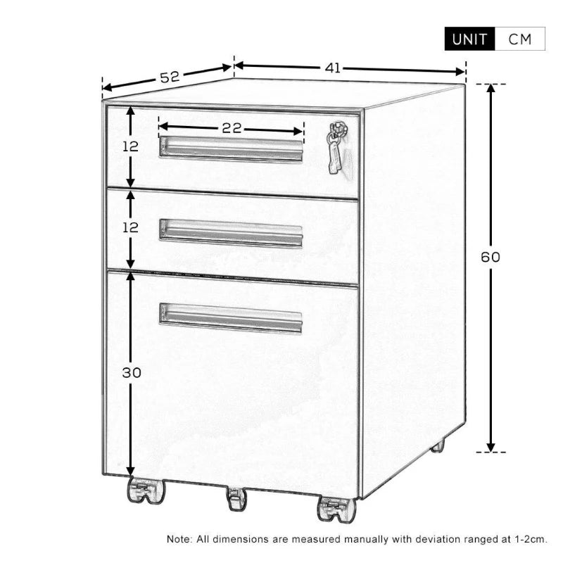 Mobile File Cabinet with 3 Lockable Drawers & Casters, Enamel Steel Side Table for Office & Study, White, 41x52x60 cm