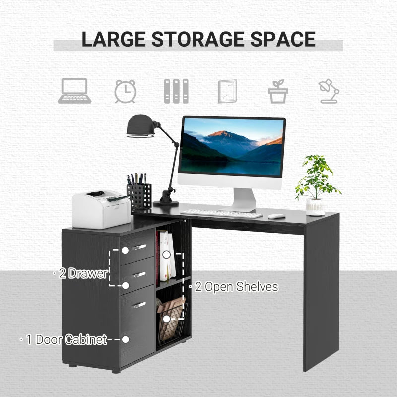 L Shaped Computer Desk with Drawers & File Cabinet - Reversible Home Office Study Table, 117x83.5cm, Black