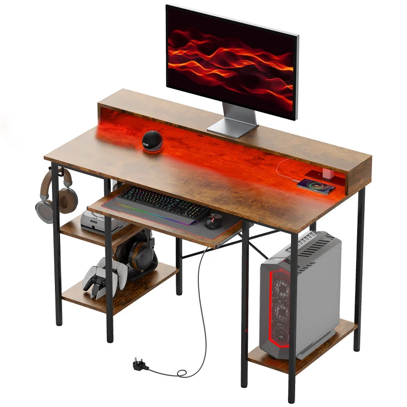 Rustic Brown Computer Desk with LED Lights & Power Outlets - 120x55 cm Gaming Desk with Monitor Stand & Storage Shelves