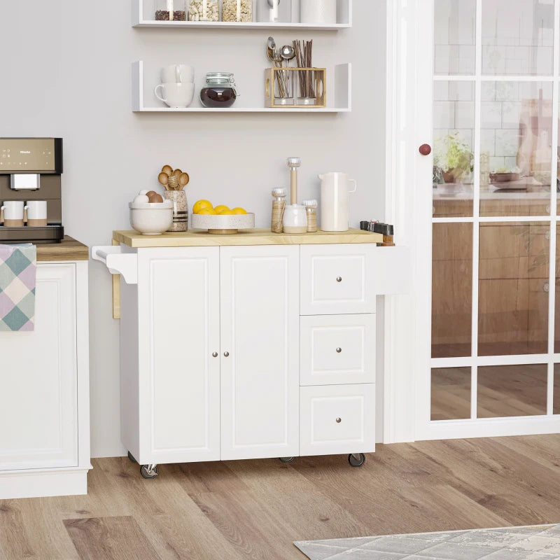Drop-Leaf Kitchen Island on Wheels - Extendable Rubber Wood Worktop, Rolling Storage Trolley with Drawers & Cabinet, White