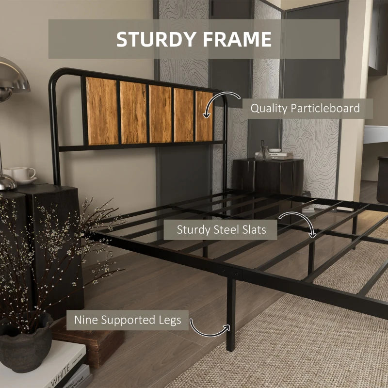 4.8ft Double Bed Frame with Industrial Wood Headboard & Steel Slat Support, 25.5cm Underbed Storage, Rustic Brown, 145x199cm