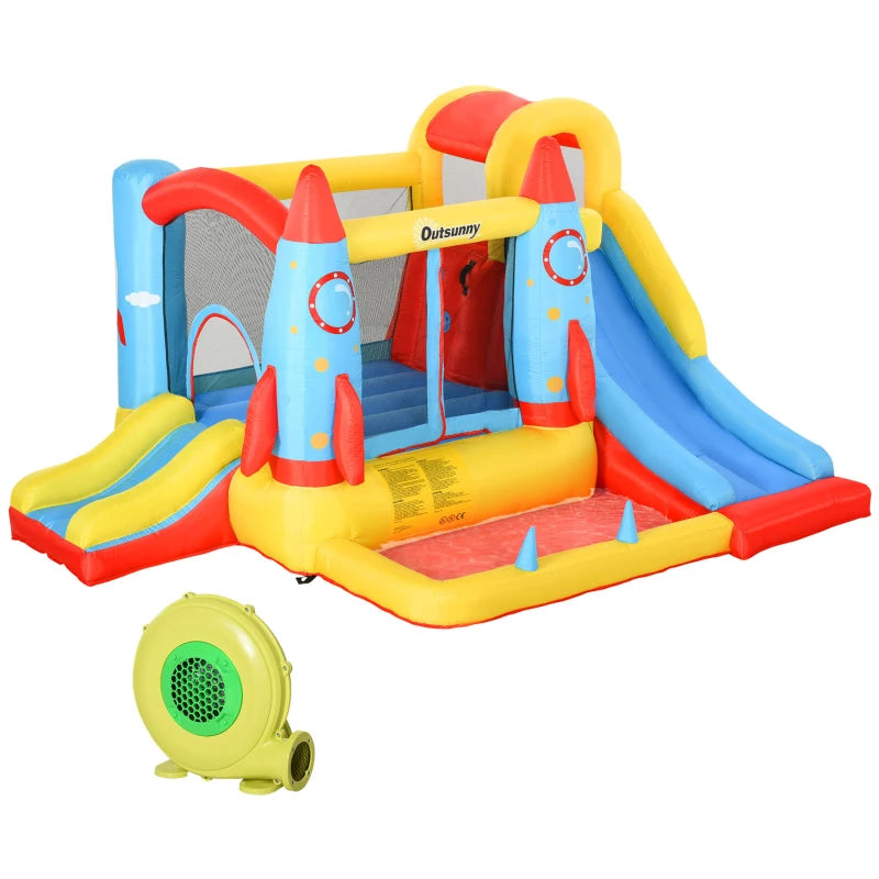 Inflatable Bounce Castle Trampoline Slide Pool Rocket Design 3.4m x 2.8m x 1.85m for Kids Outdoor Fun