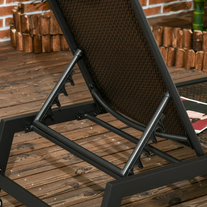 Brown Rattan Patio Sun Lounger with 5-Position Backrest and Wheels