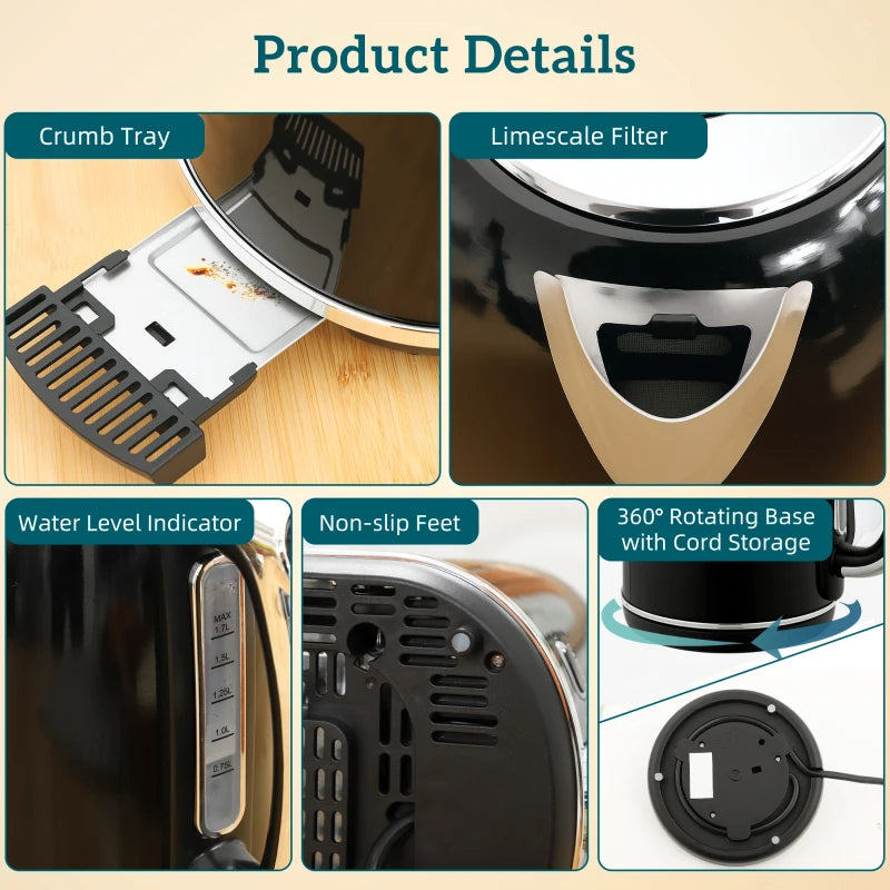 Polished Retro Black Kettle and Toaster Set - Stylish 40-100°C Temperature Control for Modern Kitchens