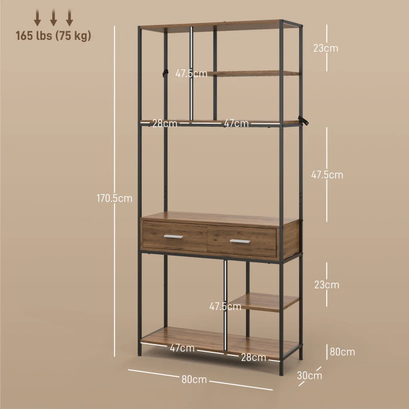 Industrial Seven-Shelf Display Shelf with Drawers - Stylish Brown and Black Storage Solution for Home or Office